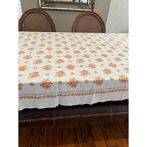Vintage Orange Floral Rose Print Fall Tablecloth Linens - Picture 1 of 5
